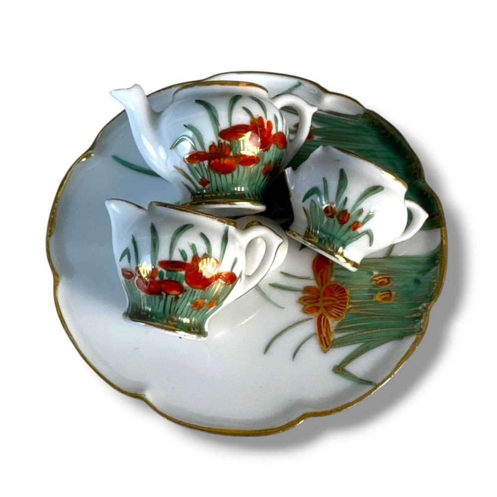 Miniature Porcelain‎ Tea Set Hand Painted Iris Floral 5pc Gold Trim Display Tray